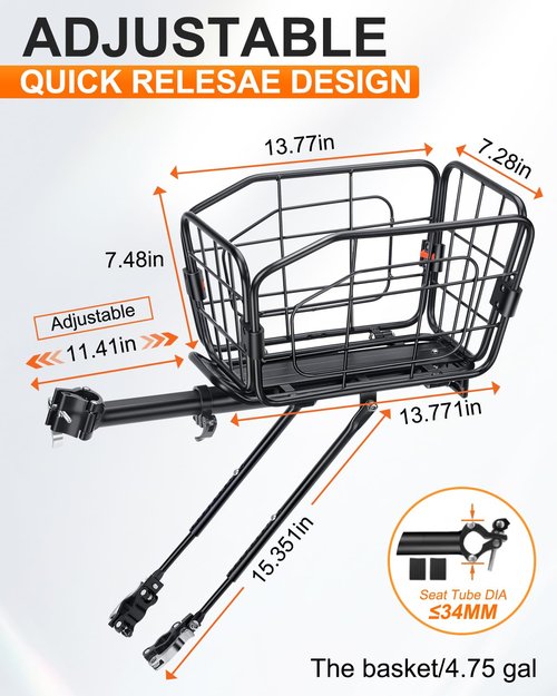 ONVIAN Rear Bike Rack with Basket, Aluminum Alloy Bike Cargo Rack, 22L Large Capacity Bicycle Basket, Foldable & Removable for Adult Bikes, Adjustable Touring Carrier Rack for Commuting and Shopping