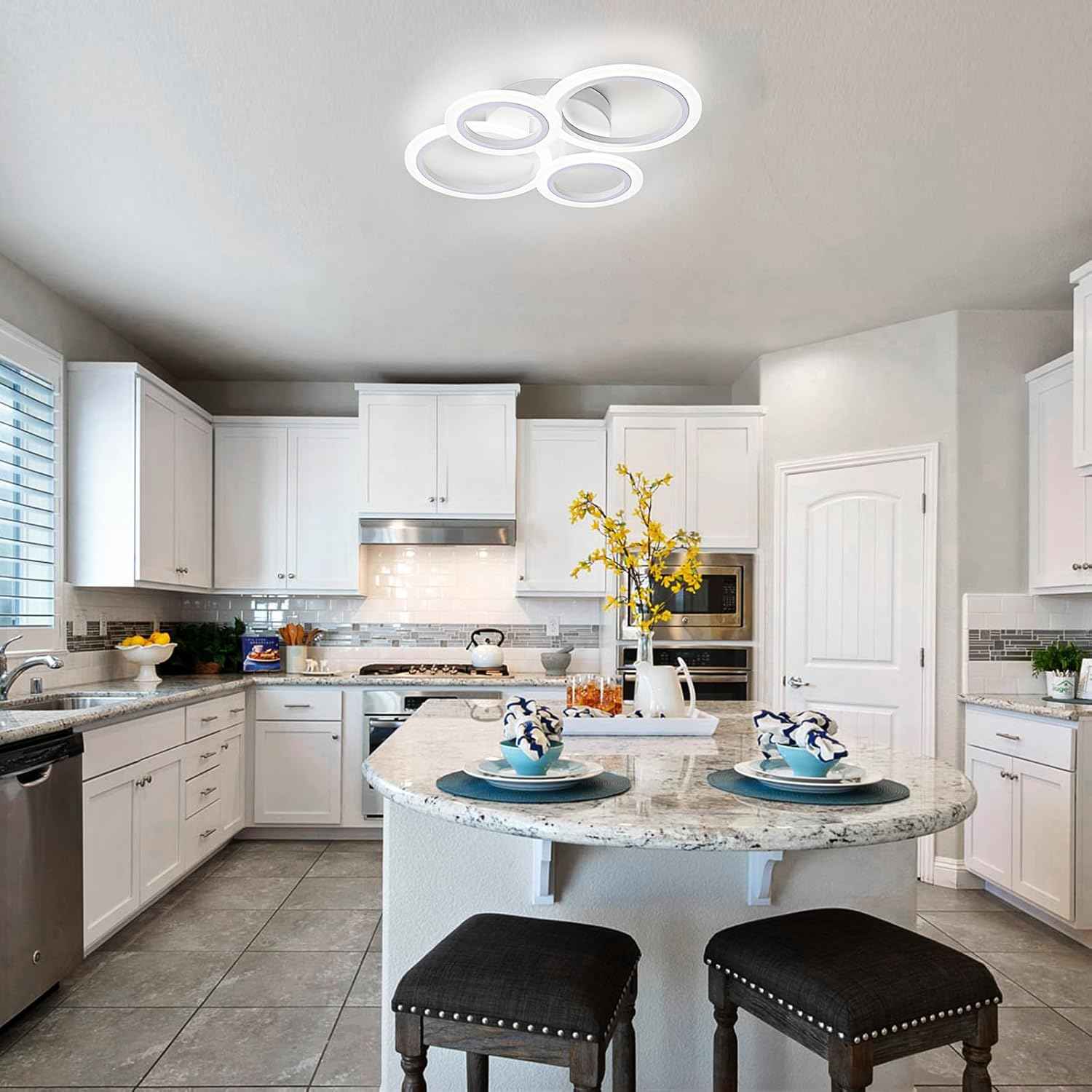 Modern LED Flush Mount Ceiling Light - 4 Rings 4000K Fixture for Kitchen & Living Room