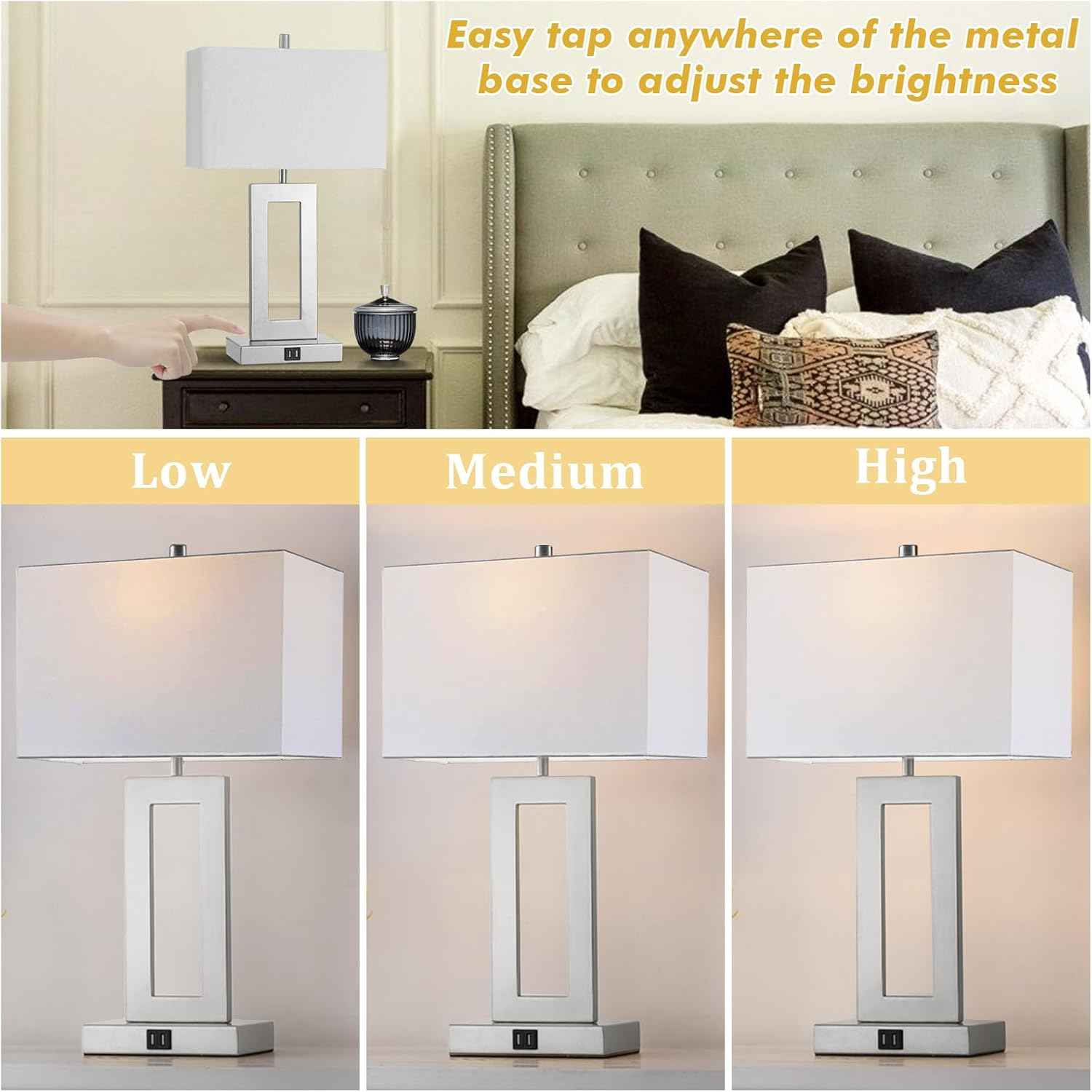 Gold Table Lamps Set of 2 - 3-Way Dimmable Touch Control with USB Ports, 22” Modern Design for Bedroom & Living Room