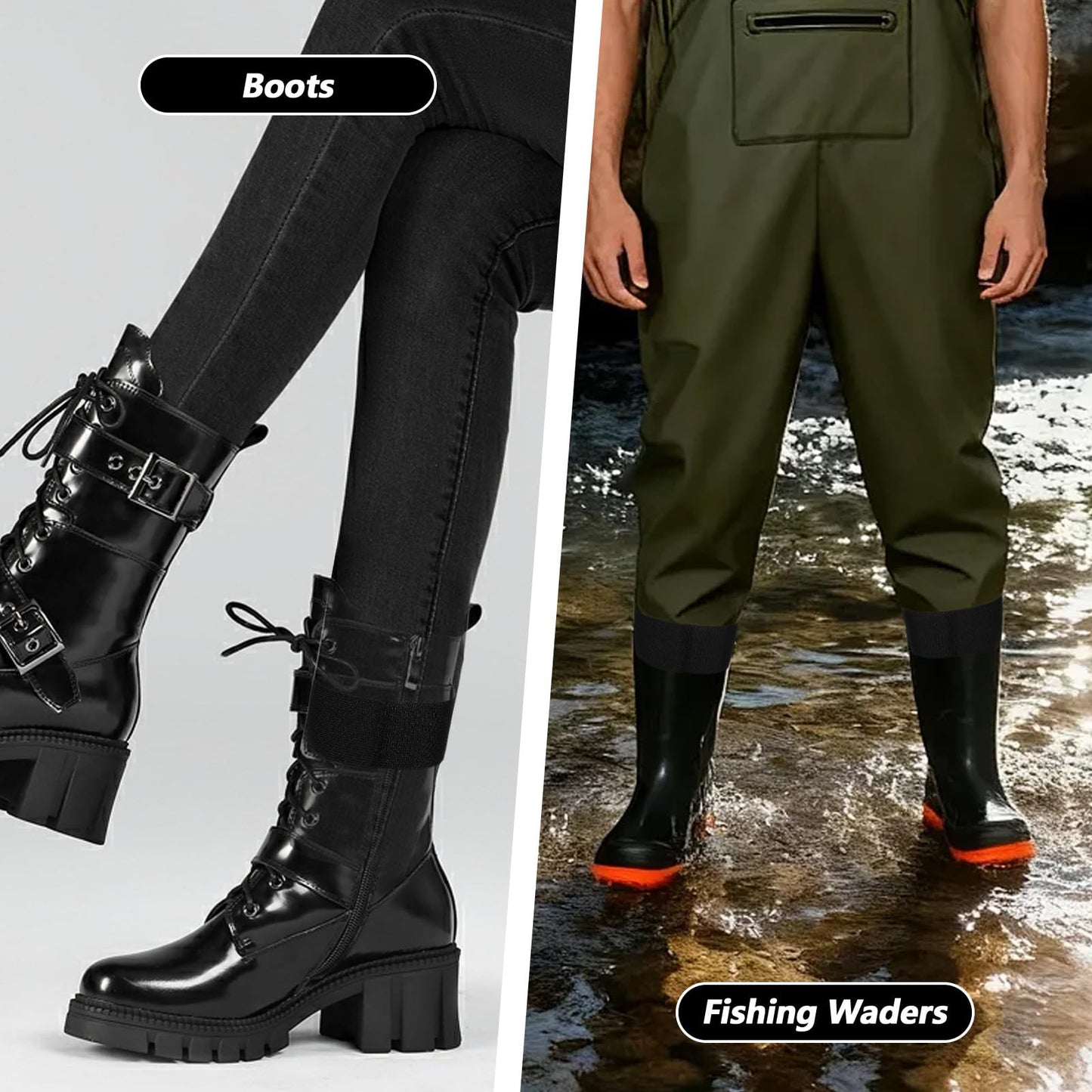 Shimmeroo 4PCS Black Boot Straps, Elastic Polyester Ankle Straps for Cowboy, Adjustable Self-Adhesive Trousers Blouses Strap Bands with Hook and Loop for Hiking Fishing Hunting