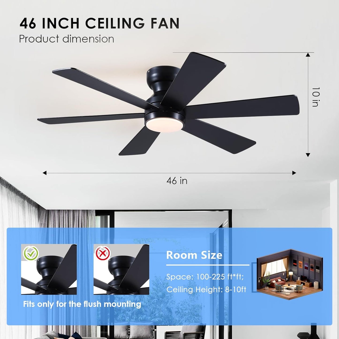46” Black Low Profile Ceiling Fan with Lights & Remote Control - Dimmable, Noiseless, Reversible for Bedroom