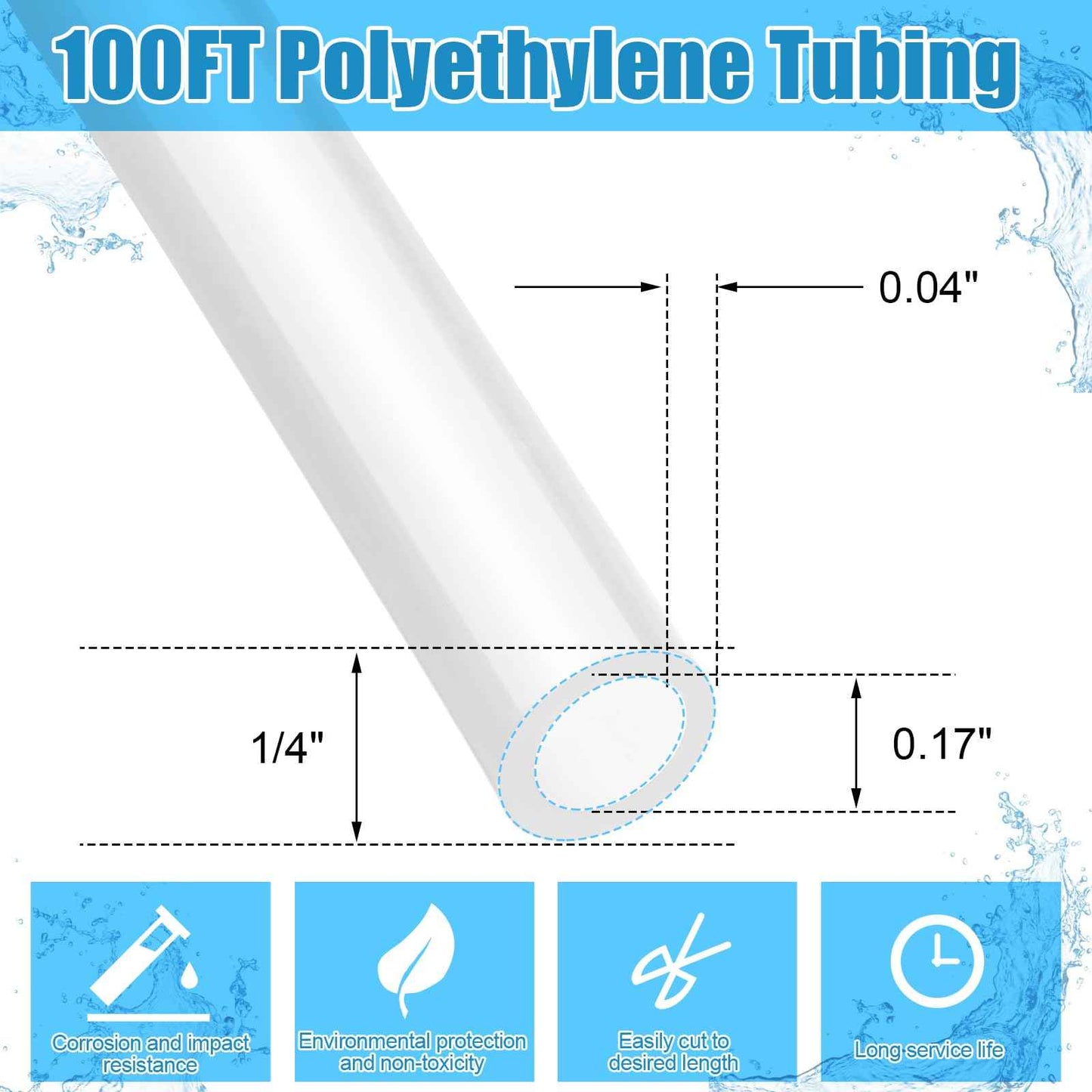 Nuanchu 100ft Polyethylene Tubing, 1/4" OD, 0.170" ID, 0.040" Wall Polyethylene Tubing Food Grade White Translucent Hose for Water, Beverage Pump, Homebrew, Brewing