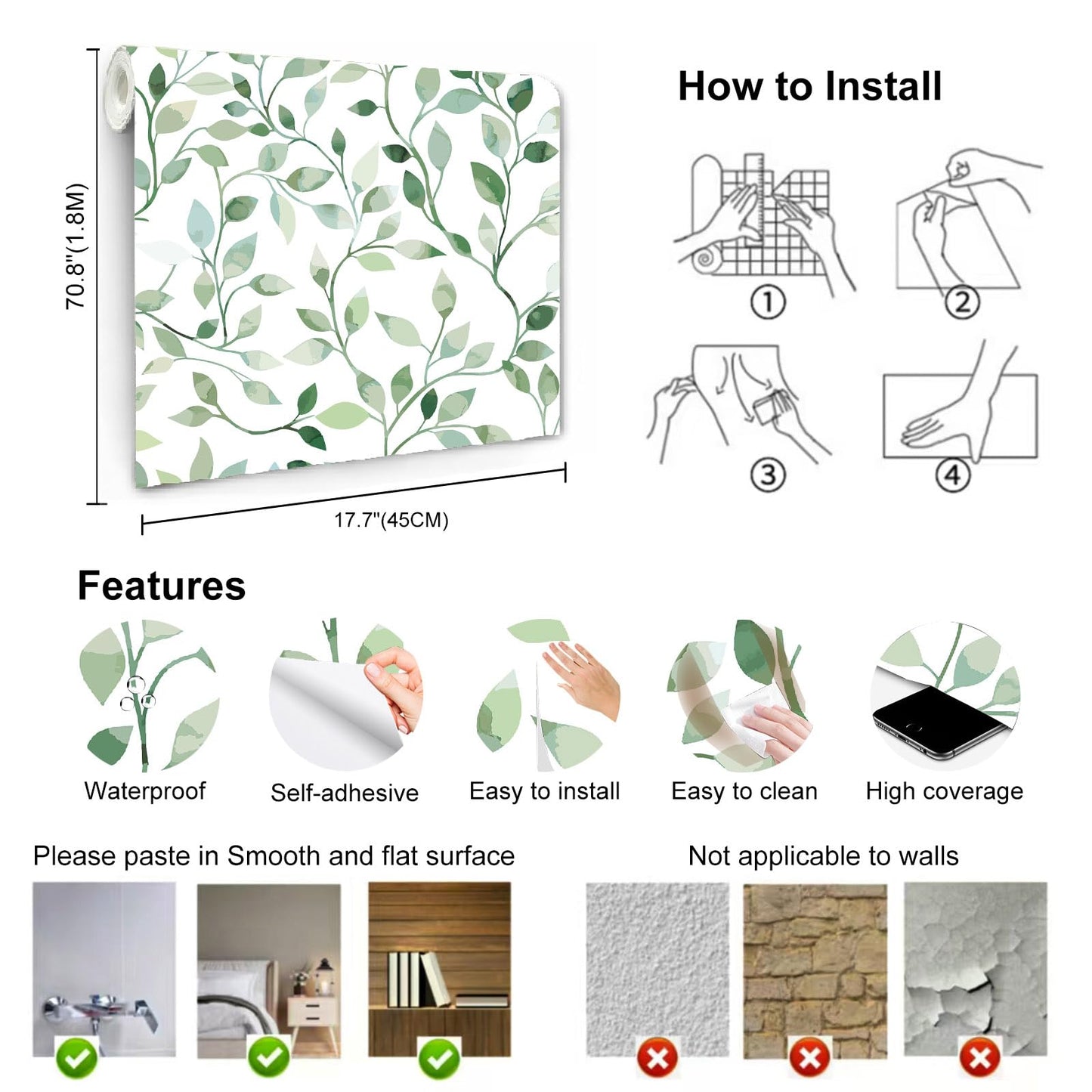 Wookmmy Modern Blue and Sage Green Leaf Peel and Stick Wallpaper Botanical Design Removable Self Adhesive Vinyl Contact Paper for Bathroom Waterproof Cabinets and Farmhouse Wallpaper 17.7" x 70.8"