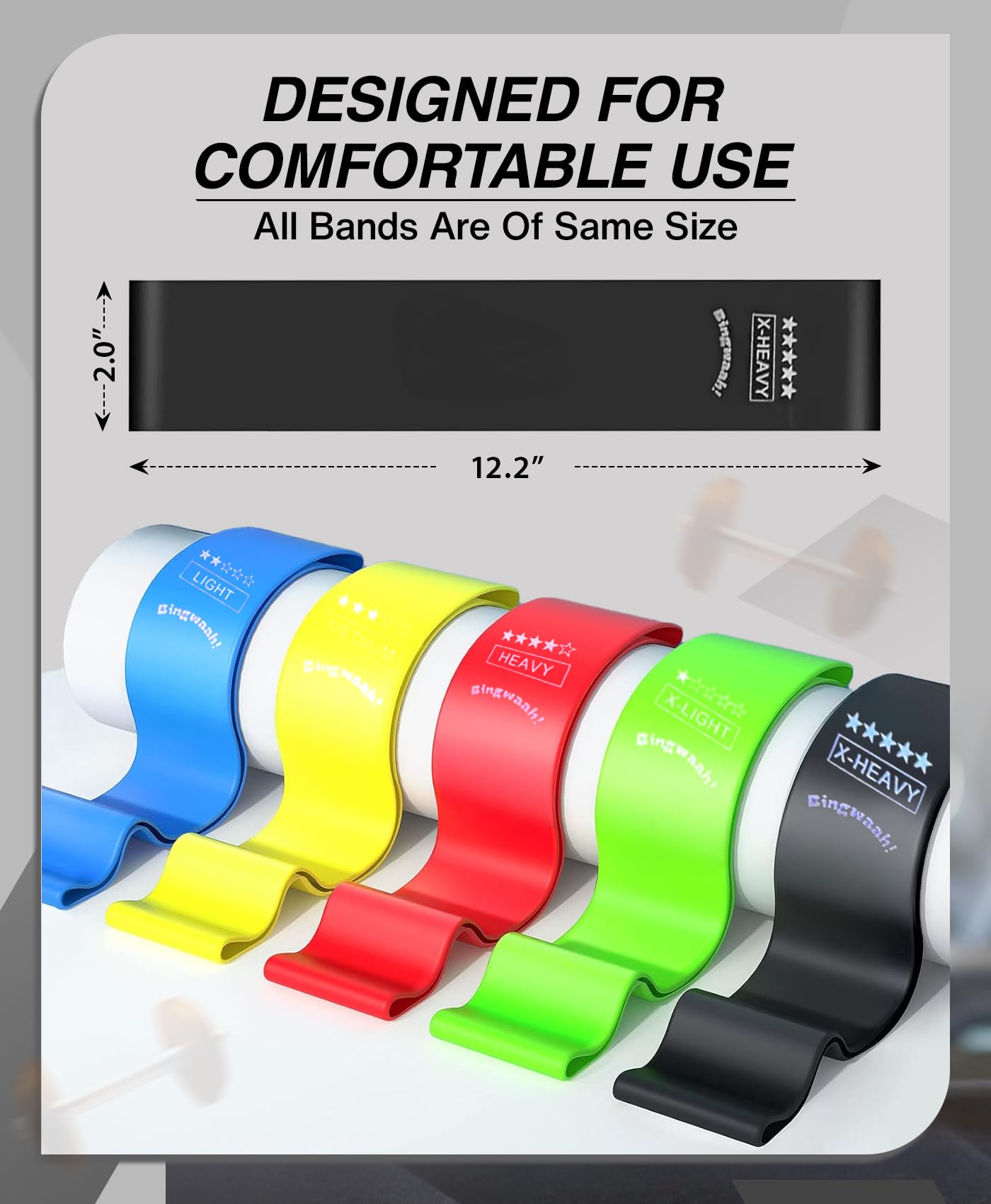 Bingwaah Loop Resistance Bands for Exercise - Set of 5 Elastic Bands for Strength Training & Rehab. Portable & Durable Resistance Bands for Home, Gym & Outdoors with Instruction Guide