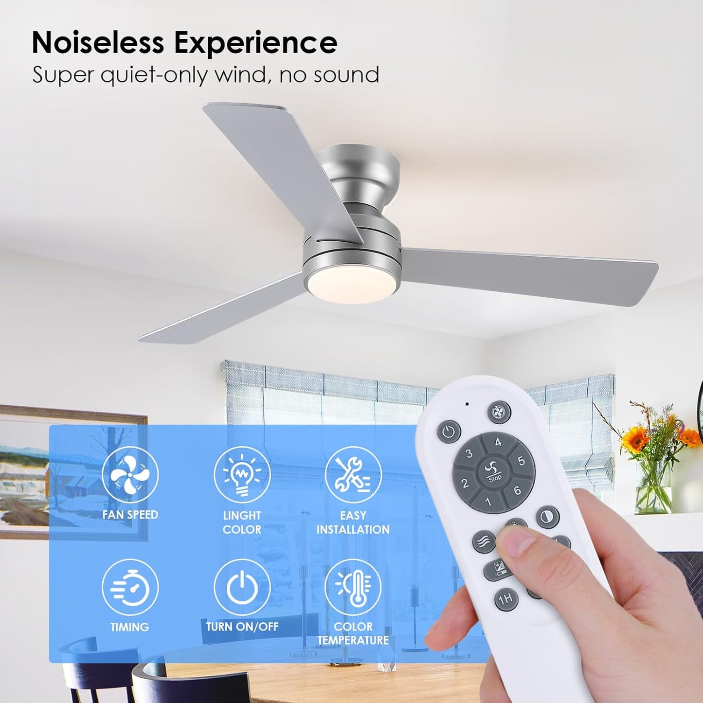 46” Black Low Profile Ceiling Fan with Lights & Remote Control - Dimmable, Noiseless, Reversible for Bedroom
