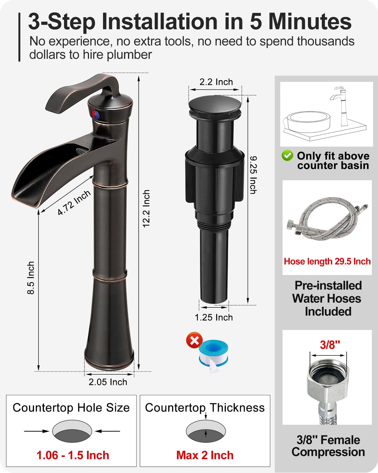 HEYMYTAP Tall Vessel Sink Faucet, Oil Rubbed Bronze Bathroom Faucet Waterfall Bathroom Faucets One Hole, Brass Bathroom Sink Faucet Single Handle with Pop-Up Drain & Water Hoses, 5 Mins Install