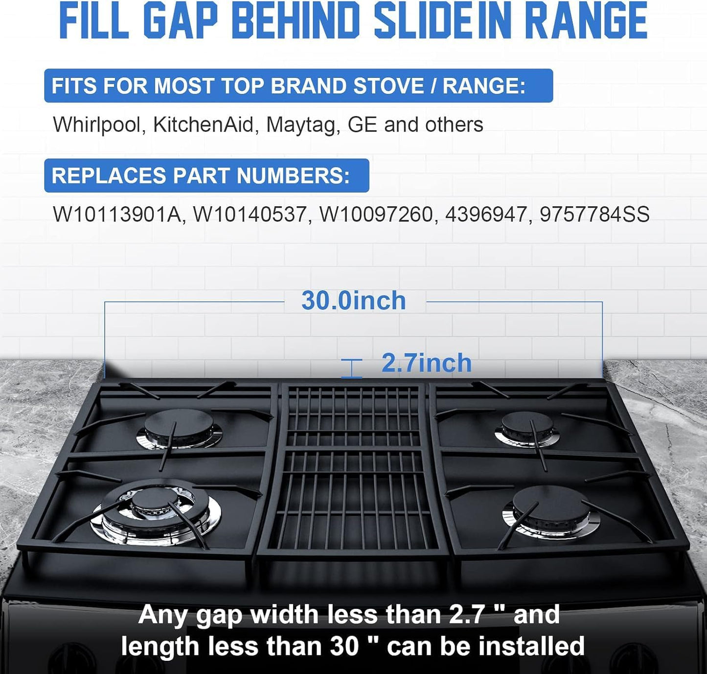 30” Slide-in Range Rear Filler Kit - Universal Triangular Cooktop Trim for Whirlpool & More - Durable Black Aluminum