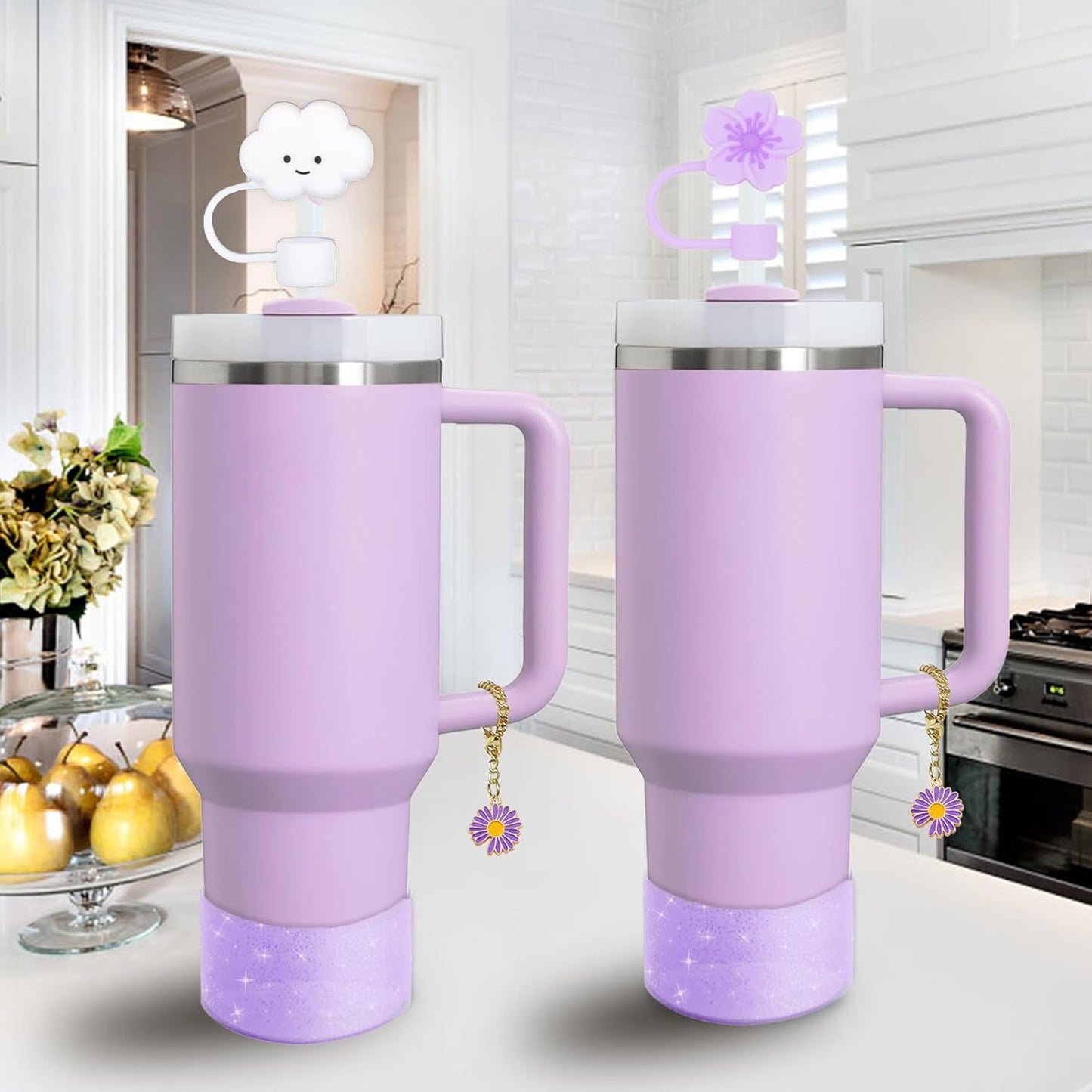 Stanley Cup Accessories Set - 2 Straw Covers, 1 Spill-Proof Stopper & 1 Flower Handle Charm | Fits 30 & 40 Oz Tumblers (Purple)