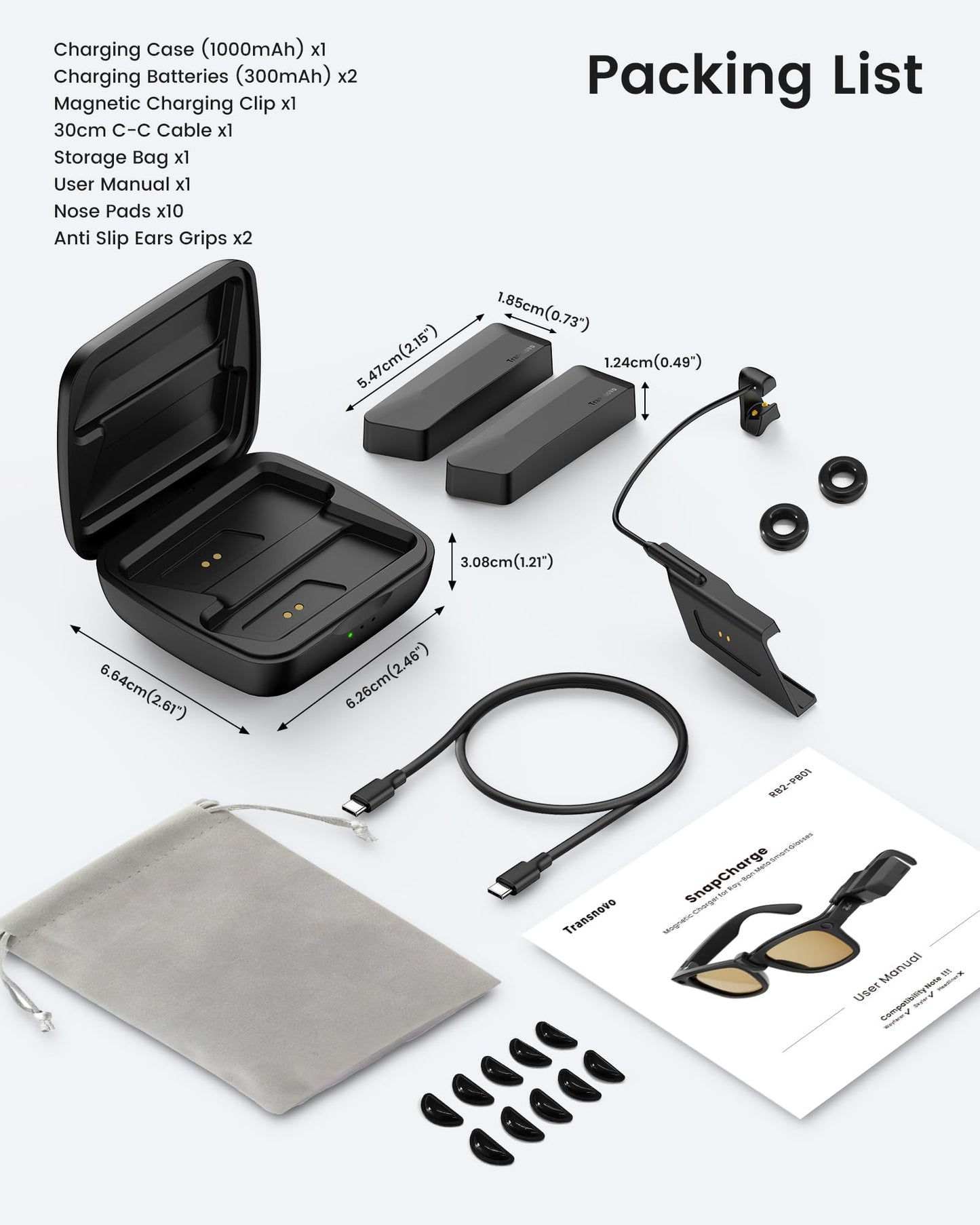 TRANSNOVO Wearable Charger Compatible with RayBan Meta Smart Glasses, 1600mAh Charge While Wearing 24H Extended Battery Pack, Portable Magnetic Charging Accessories for Wayfarer, Skyler Gen 1 & Gen 2