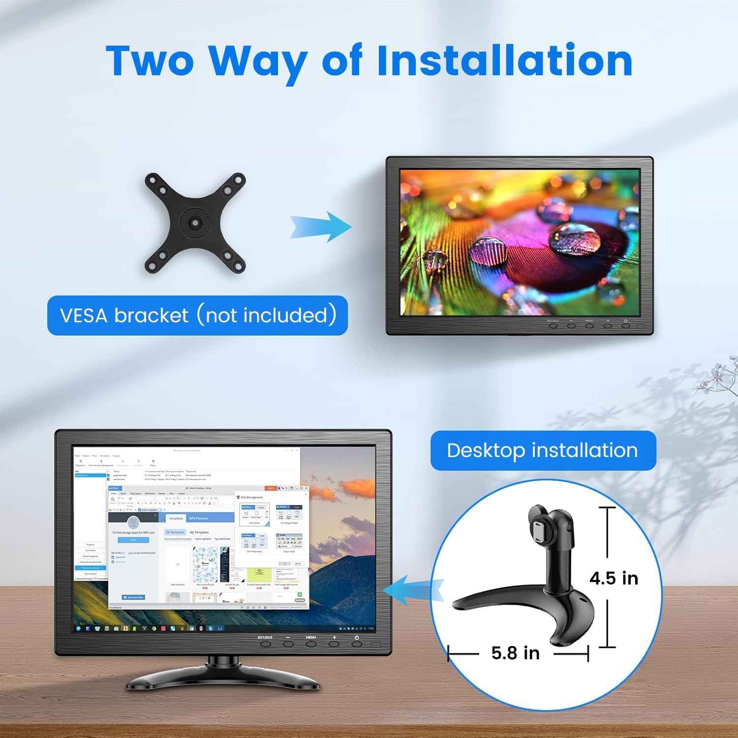 10.1 Inch Eyoyo Security Monitor - 1366x768 HDMI VGA AV BNC USB, Built-in Speakers for CCTV & PC