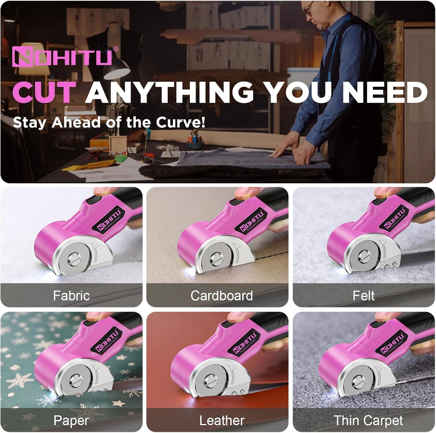 Rechargeable Cordless Electric Scissors - 4V Rotary Cutter with LED Light & 2 Blades for Fabric, Cardboard, and Plastic