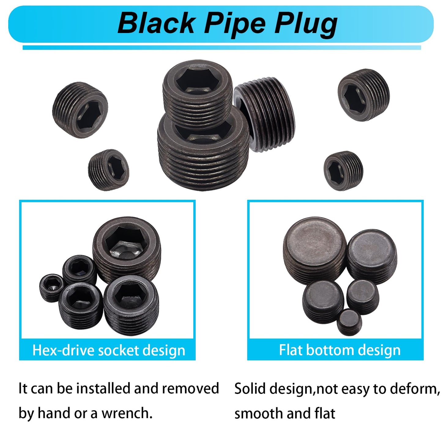 Hmknana 26PCS Black Pipe Plug Fitting Assortment Kit, Carbon Steel 5 Sizes 1/8" 1/4" 3/8" 1/2" 3/4" NPT Internal Hex Thread Socket for Sealing Port