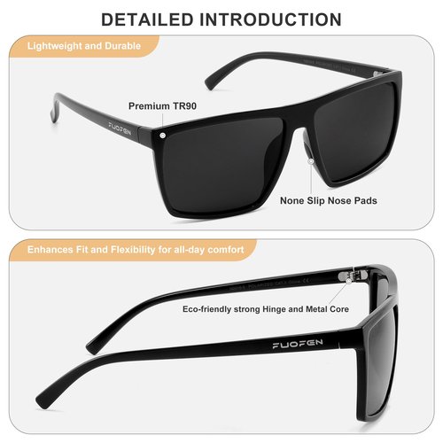 FUOFEN Light Weight Rectangular Polarized Sports Sunglasses with nose pads for Men Women Cycling Driving Fishing UV400 Protection Black sunnies
