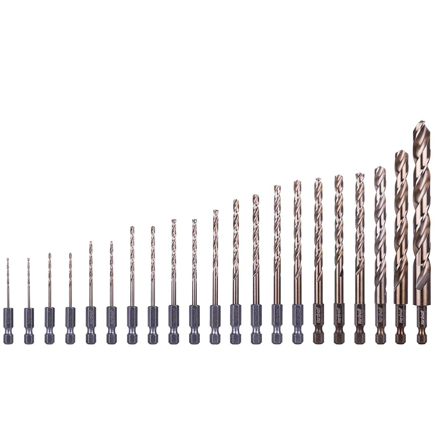 21-Piece Cobalt Drill Bit Set for Stainless Steel & Hard Metals - Jobber Length, 1/4" Hex Shank, SAE Sizes in Storage Case