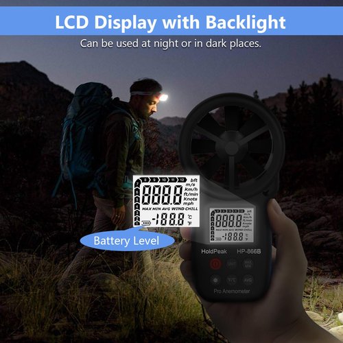HoldPeak 866B Handheld Anemometer with Tripod, Digital Wind Speed Gauge Meter, Air Flow Velocity Temperature CFM Measuring Device for HVAC Outdoor Sailing Shooting Golf