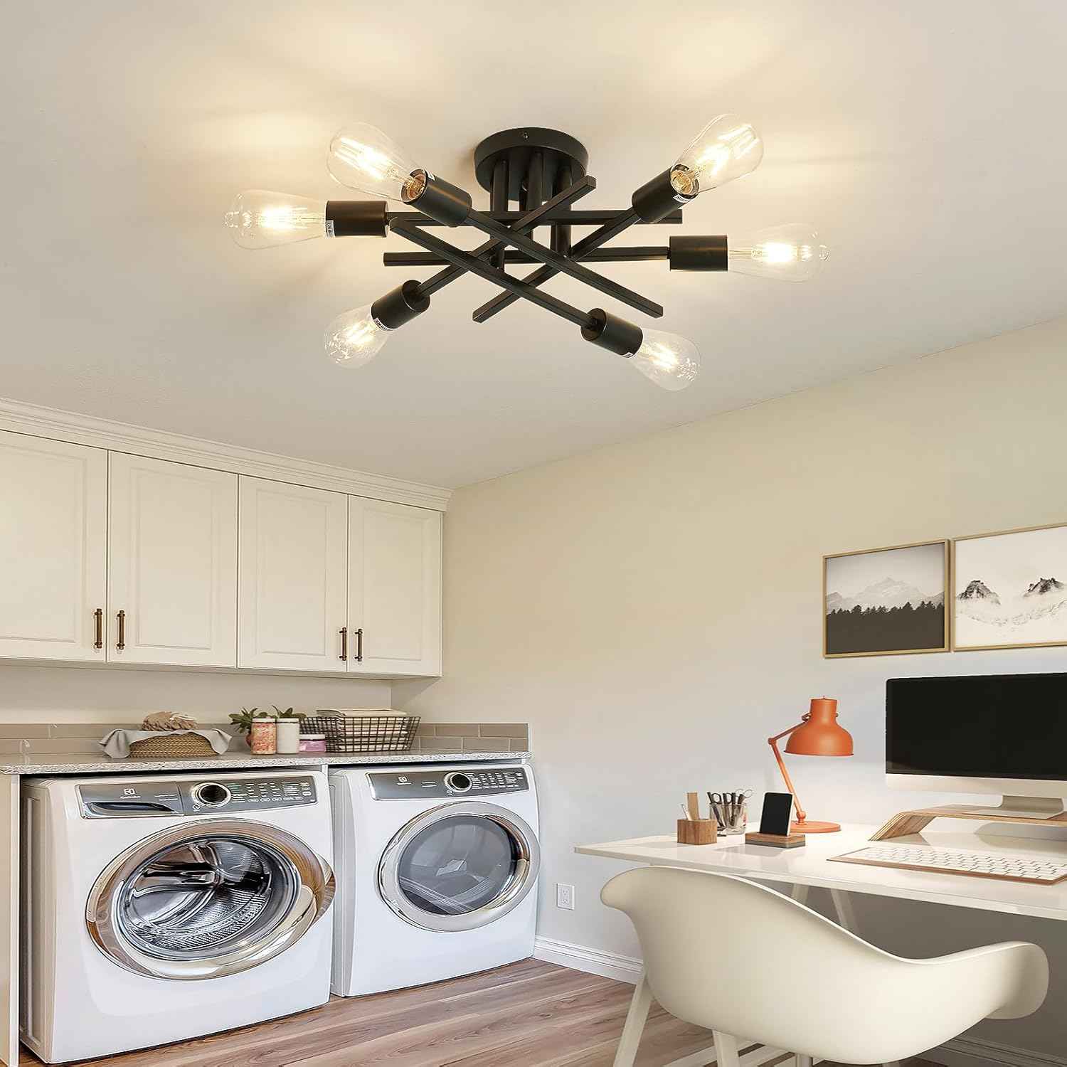 Gold Modern 6-Light Semi Flush Mount Ceiling Light Fixture - Vintage Sputnik Chandelier for Kitchen, Dining & Living Room