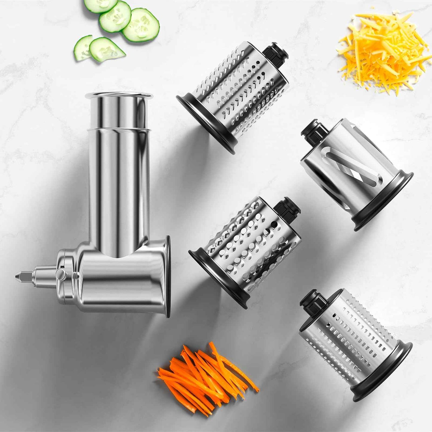 Stainless Steel Slicer Shredder Attachment for KitchenAid Stand Mixer, Cheese Grater Attachment for KitchenAid, Salad Maker, Grinding Powder, Dishwasher Safe with 4 Blades by InnoMoon