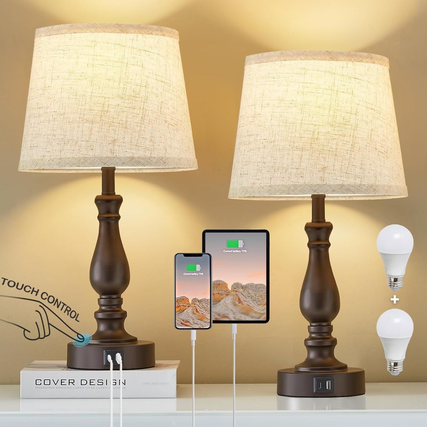 Touch Bedside Table Lamps Set of 2 with USB C+A Ports - 3-Way Dimmable Linen Shade