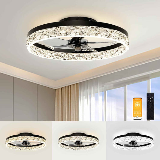 Modern Bladeless Ceiling Fan with Light & Remote - 15.7in Low Profile Fandelier, Dimmable 3000K-6500K for Bedroom