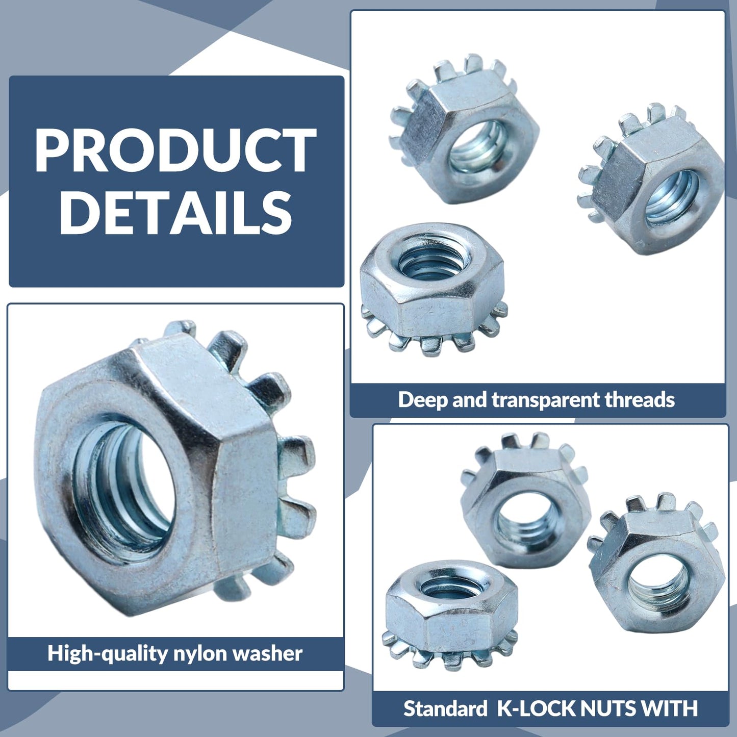 Tandefio 100 Pcs Lock Nut, 1/4"-20 Lock Nuts Zinc Plated Steel Nuts with External Tooth Washer Silver Hardware for Low Load Assemblies