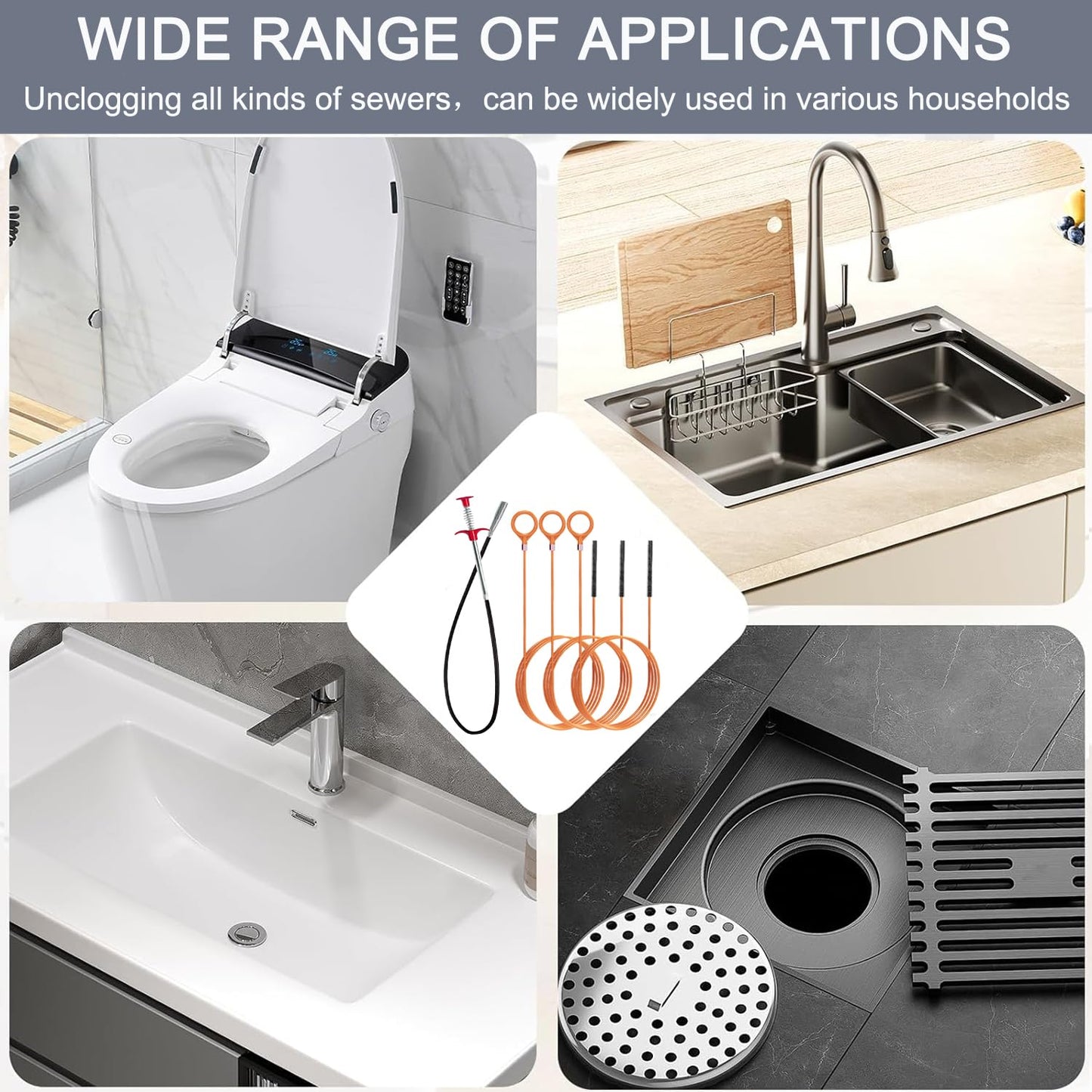 Hair Catcher Drain Auger Cleaner Tool Set - 3 × 53 Inch Sink Snake + 1 × 35 Inch Drain Clog Remover, Set For Toilet, Kitchen Sink, Bathroom Tub, Sewer,4 Pack