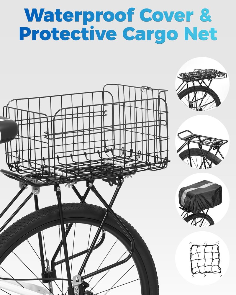 Fitense Rear Bike Rack with Basket- Bicycle Cargo Rack with Waterproof Cover, Liner and Cargo Net, Bike Storage Basket for Double - Rod axle Bikes for 26" - 29" and 700c Bikes