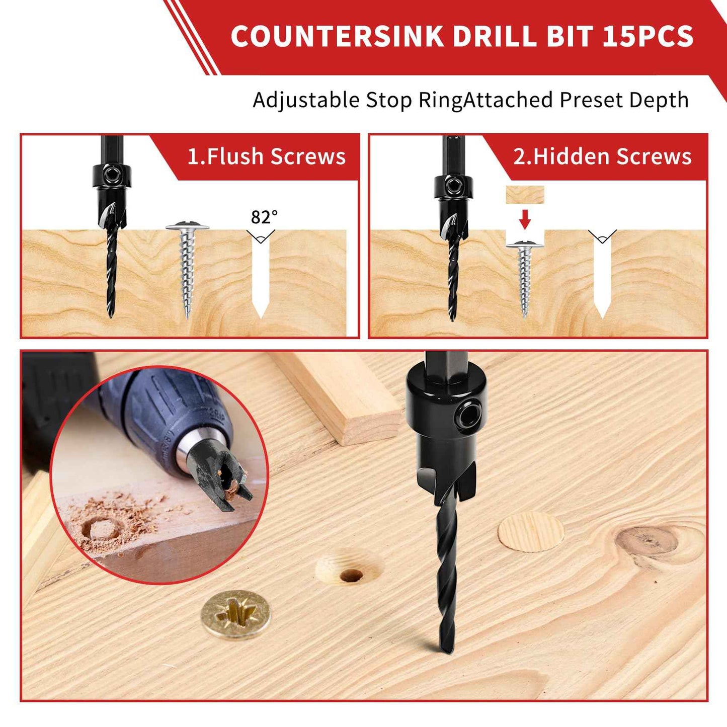 Countersink Drill Bit Set, 15 PCS Adjustable Tapered HSS Drill Bit Set for Woodworking, with Nitrided Surface, Wood Plug Cutters 1/4" Hex Shank Quick Change, for Wood Drilling with Storage Box