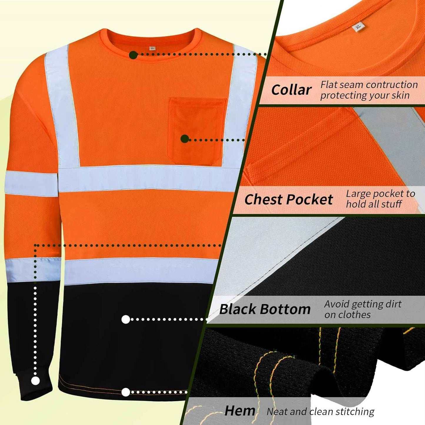 High Visibility Long Sleeve Safety Shirts - 6 Pack Class 3 Reflective Wicking Shirts with Pocket (Yellow)