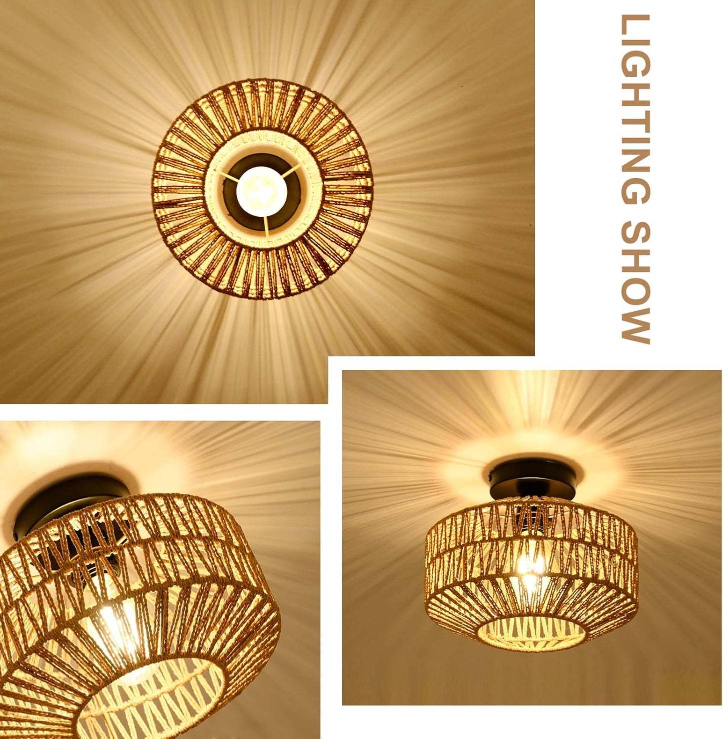 Boho Rattan Chandelier Ceiling Light Fixture with Dimmable LED Bulb - Hand Woven Flush Mount for Hallway, Bedroom, Kitchen & Living Room