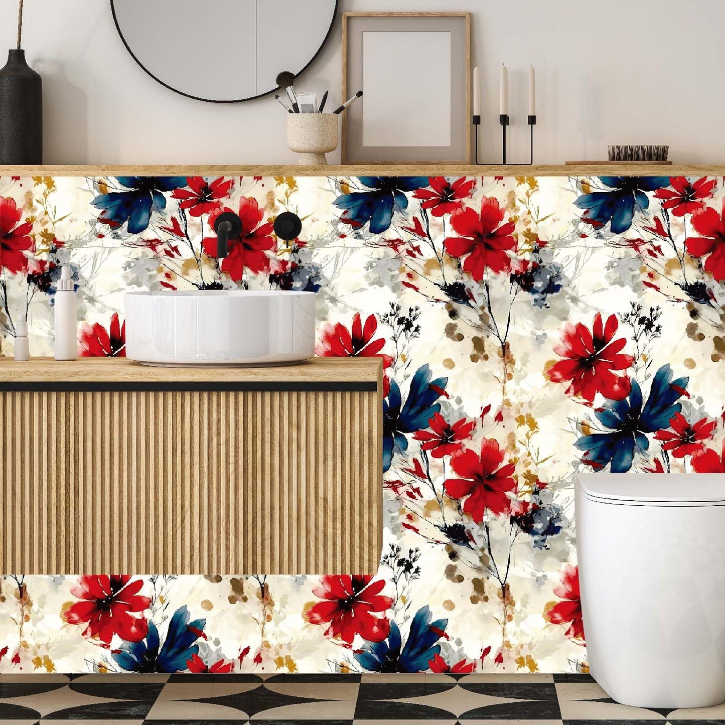 Akodm Large Red Floral Peel and Stick Wallpaper Vintage Removable Self-Adhesive Contact Paper Vinyl Thick Waterproof Renter Friendly Funky Flower Accent Wall for Bathroom 17.7"x70.8"