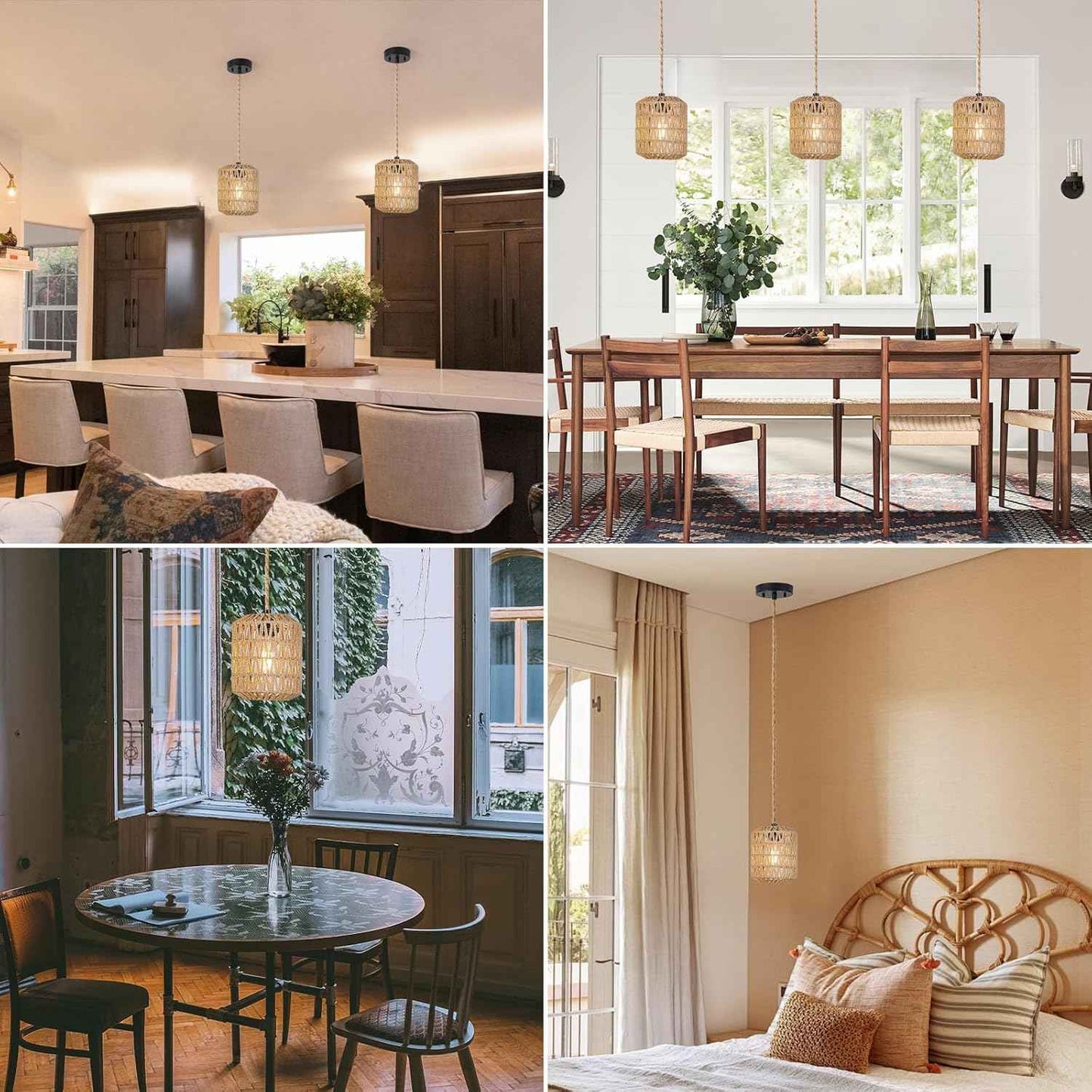 Boho Rattan Pendant Light with 3 Bulbs & 22ft Cord - Woven Hanging Chandelier for Bedroom, Kitchen, Hallway
