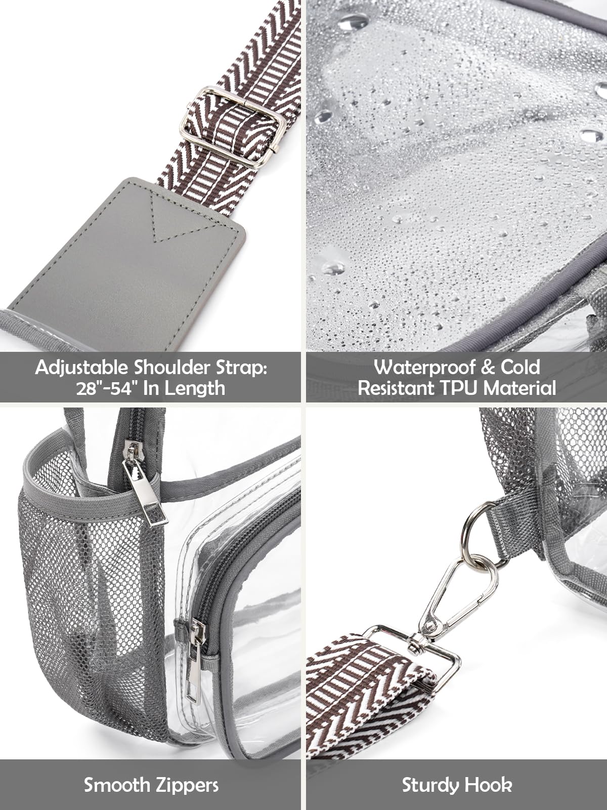 QOECI Clear Bag for Stadium Events, Clear Purses for Women Men, Large Stadium Bag with Water Bottle Holders, See Through Sling Backpack For Concert Sport Gym Travel, Light Grey