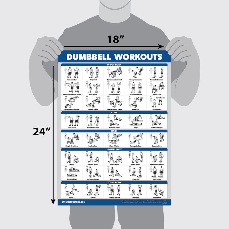 Palace Learning 3 Pack - Dumbbell Workouts + Bodyweight Exercises + Resistance Bands Poster Set - Set of 3 Workout Charts (LAMINATED, 18" x 24”)