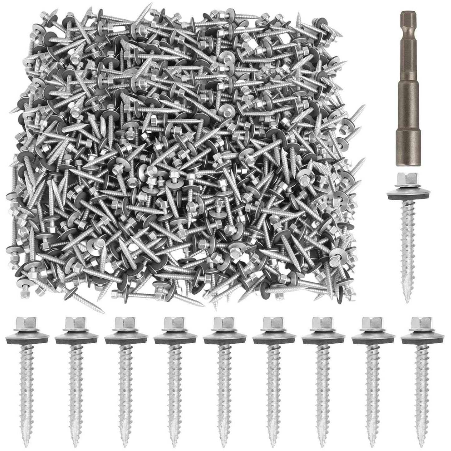 Metal Roofing Screws #10 x 1.5 Inch - 1000 PCS Zinc-Plated Hex Head with Rubber Washers for Corrugated Roofs
