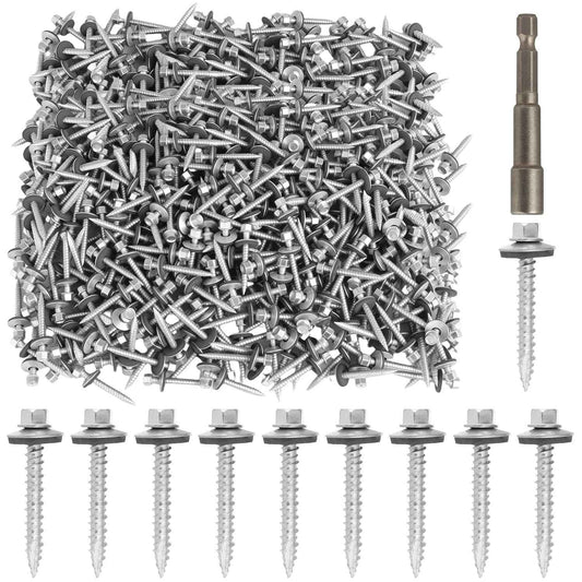 Metal Roofing Screws #10 x 1.5 Inch - 1000 PCS Zinc-Plated Hex Head with Rubber Washers for Corrugated Roofs