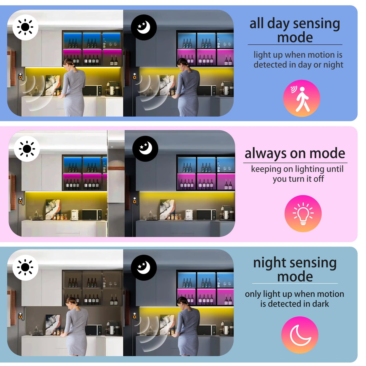 Motion Sensor LED Light Strip 19.68ft Under Bed Lights, RGB 3 Mode Motion Activated Bed Light with Music Sync and Timer, Dimmable Color Changing LED Lights