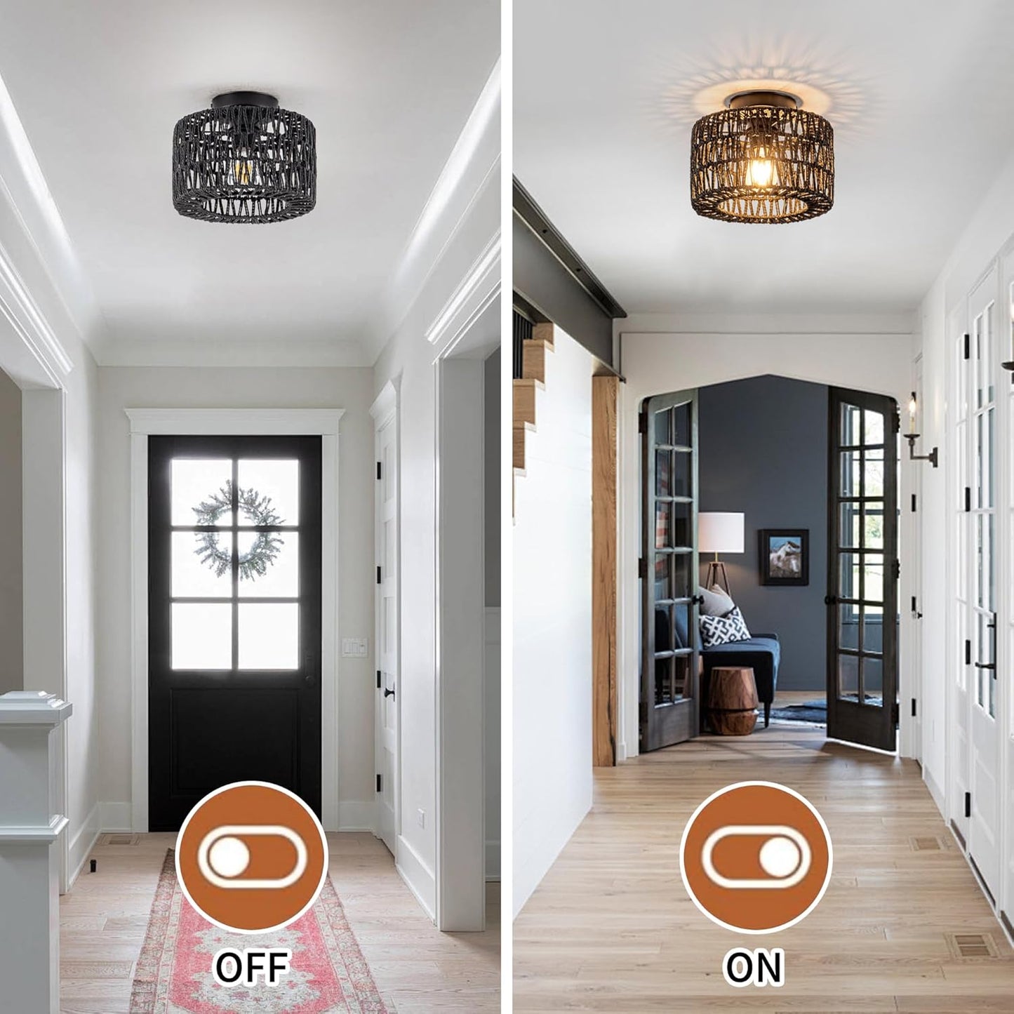 Bohemian Rattan Ceiling Light Fixture - 3-Light Woven Flush Mount for Bedroom & Living Room