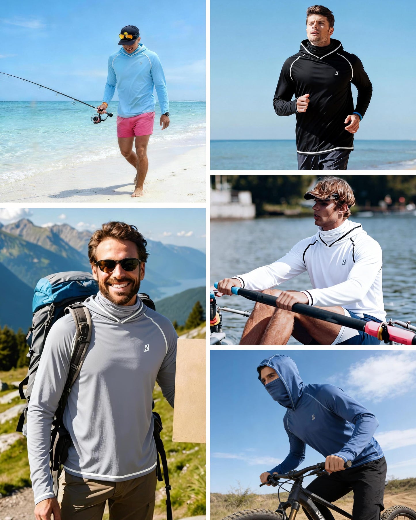 Roadbox UPF 50+ Fishing Shirts for Men, Long Sleeve UV Sun Hoodie with Mask, Outdoor Swim Hiking Running Workout Rash Guard Light Gray