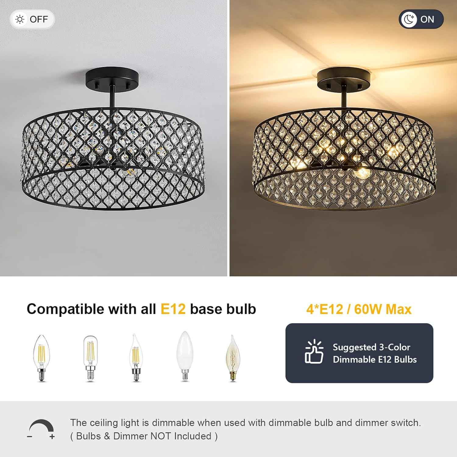 Modern Black Crystal Semi Flush Mount Ceiling Light Fixture - 11.2" Round Chandelier for Dining Room, Hallway, Kitchen & Bedroom