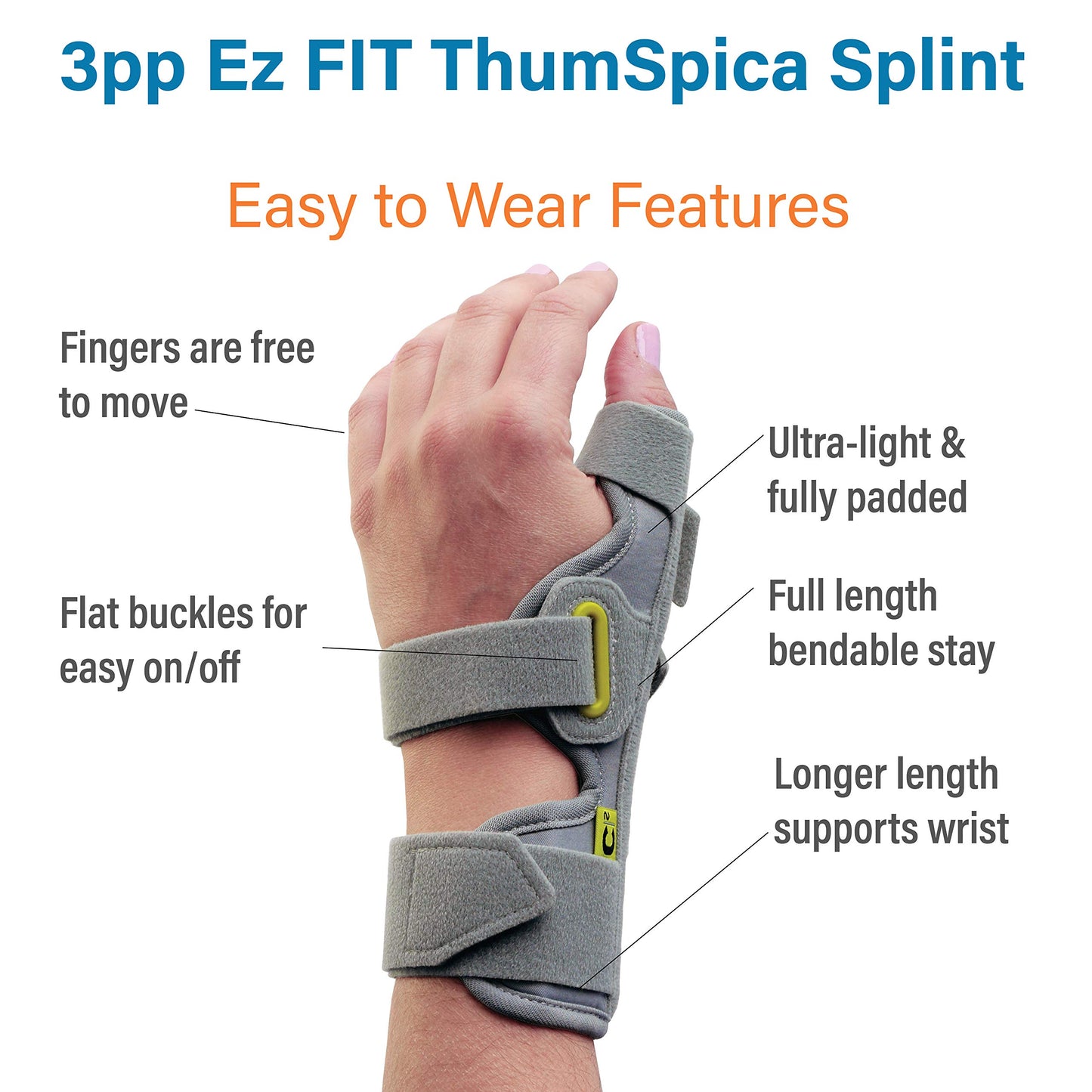 3-Point Products 3pp Ez FIT Thumb Spica Splint Ultra Light Immobilization for De Quervain's, Gamekeepers Thumb & Thumb Injuries, One Size Fits Most