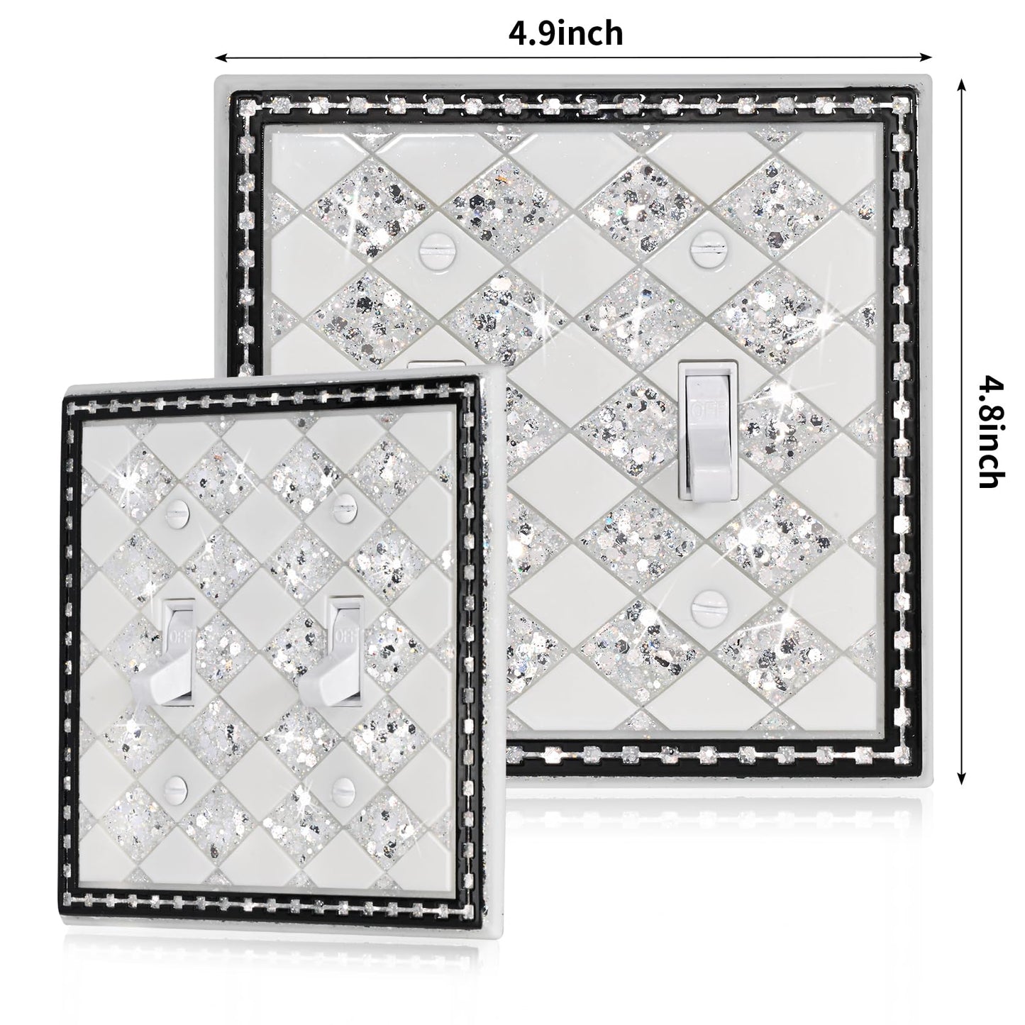 YNQIZKI Light Switch Cover Plate,Silver Sparkle 2 Gang Wall Plate,Bling Switch Plate Covers,Double Toggle Midsize 4.9''x4.8''
