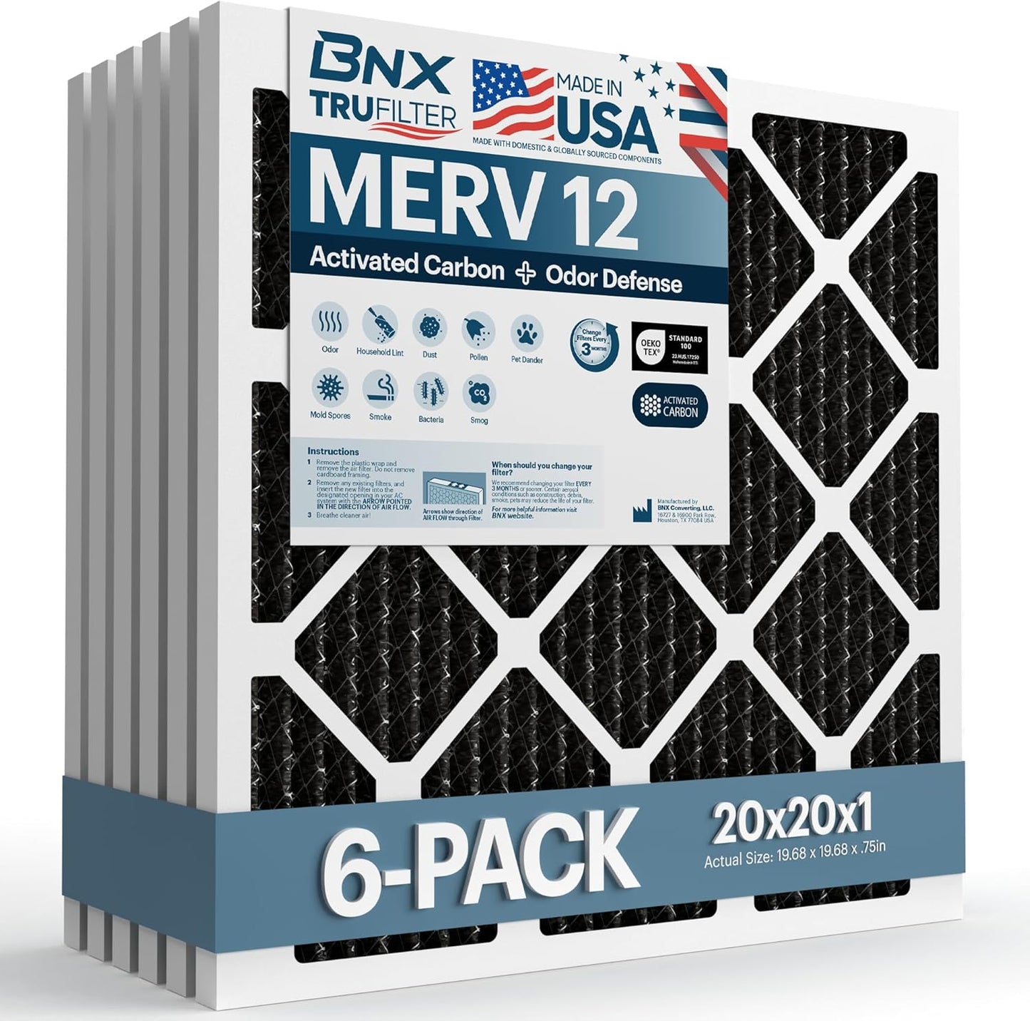BNX TruFilter 12x12x1 MERV 8 Air Filters (6-Pack) - USA-Made Dust & Pet Defense for HVAC
