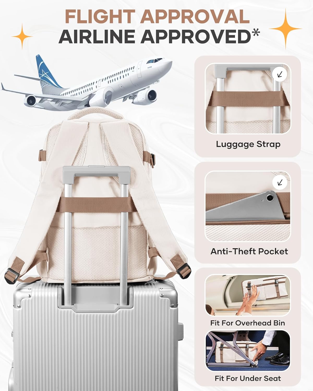 Skiennix Travel Backpack - Flight Approved Personal Item Bag | Large Beige & Brown Design for Men & Women