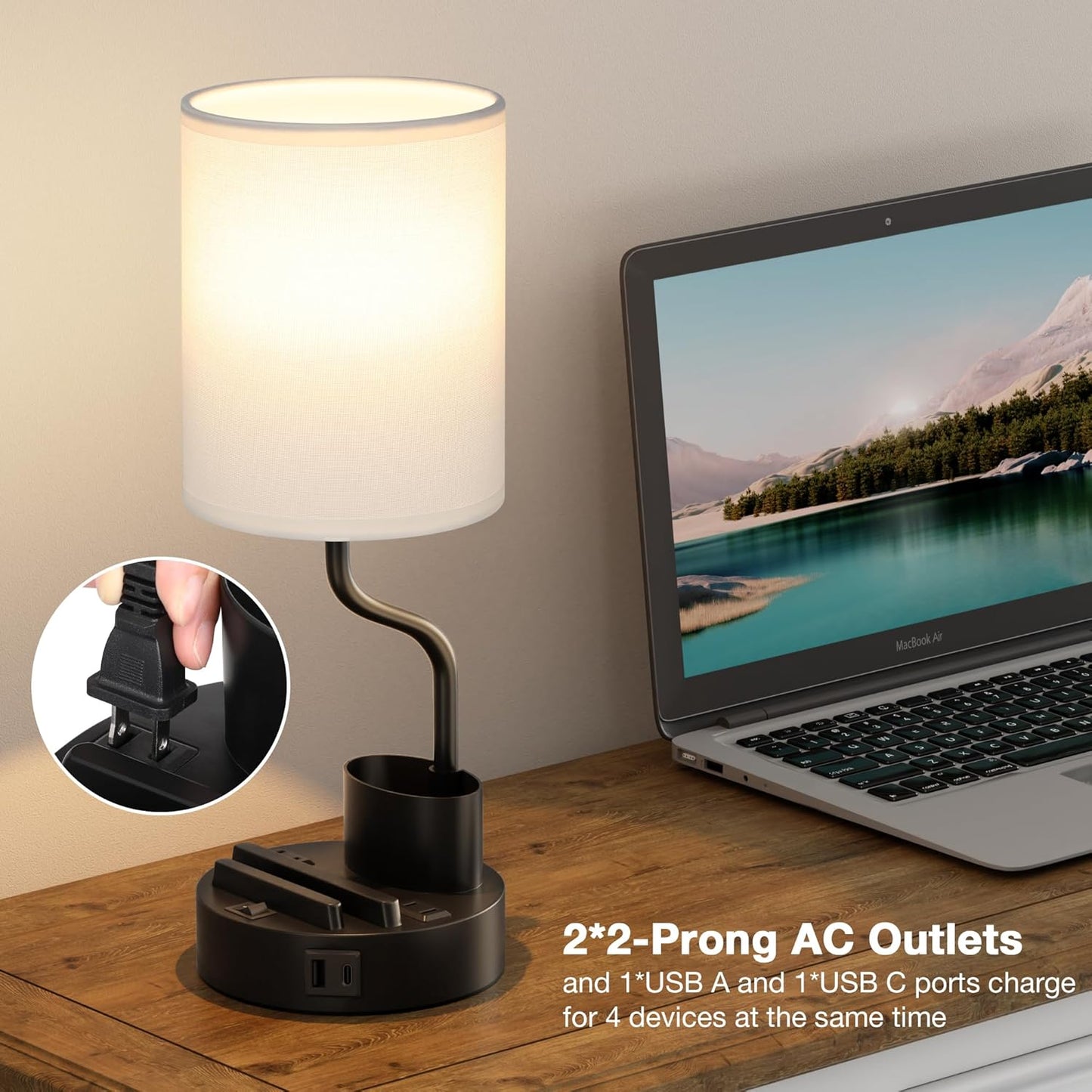 Set of 2 Bedside Table Lamps with USB & AC Outlet - 3 Color Temperatures, Desk Light & Phone Stand for Bedroom, Living Room, Office