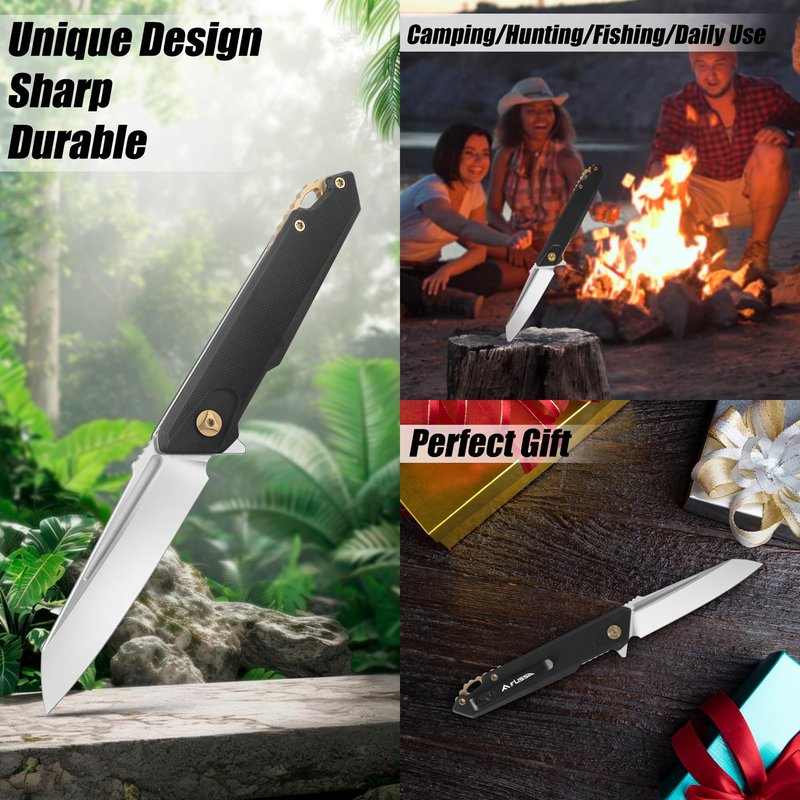FLISSA Folding Pocket Knife, EDC Knife with D2 Steel Blade and G10 Handle, Pocket Clip, Suitable for Camping, Hiking, Fishing, Daily Use, Outdoor Activities(Black)