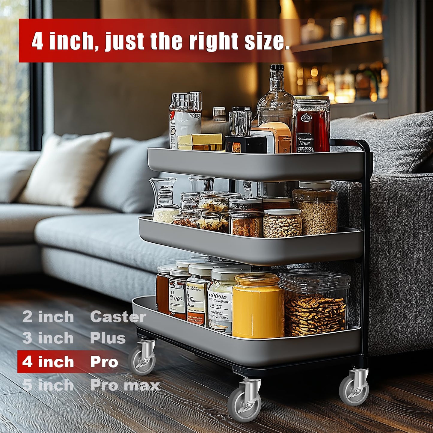 4 Inch 3/8-16x1 Threaded Stem Caster Wheels with Brake, Set of 4 Heavy Duty Locking Wheel, TPR Soft Quiet Swivel Casters for Cart, Furniture and Shelving