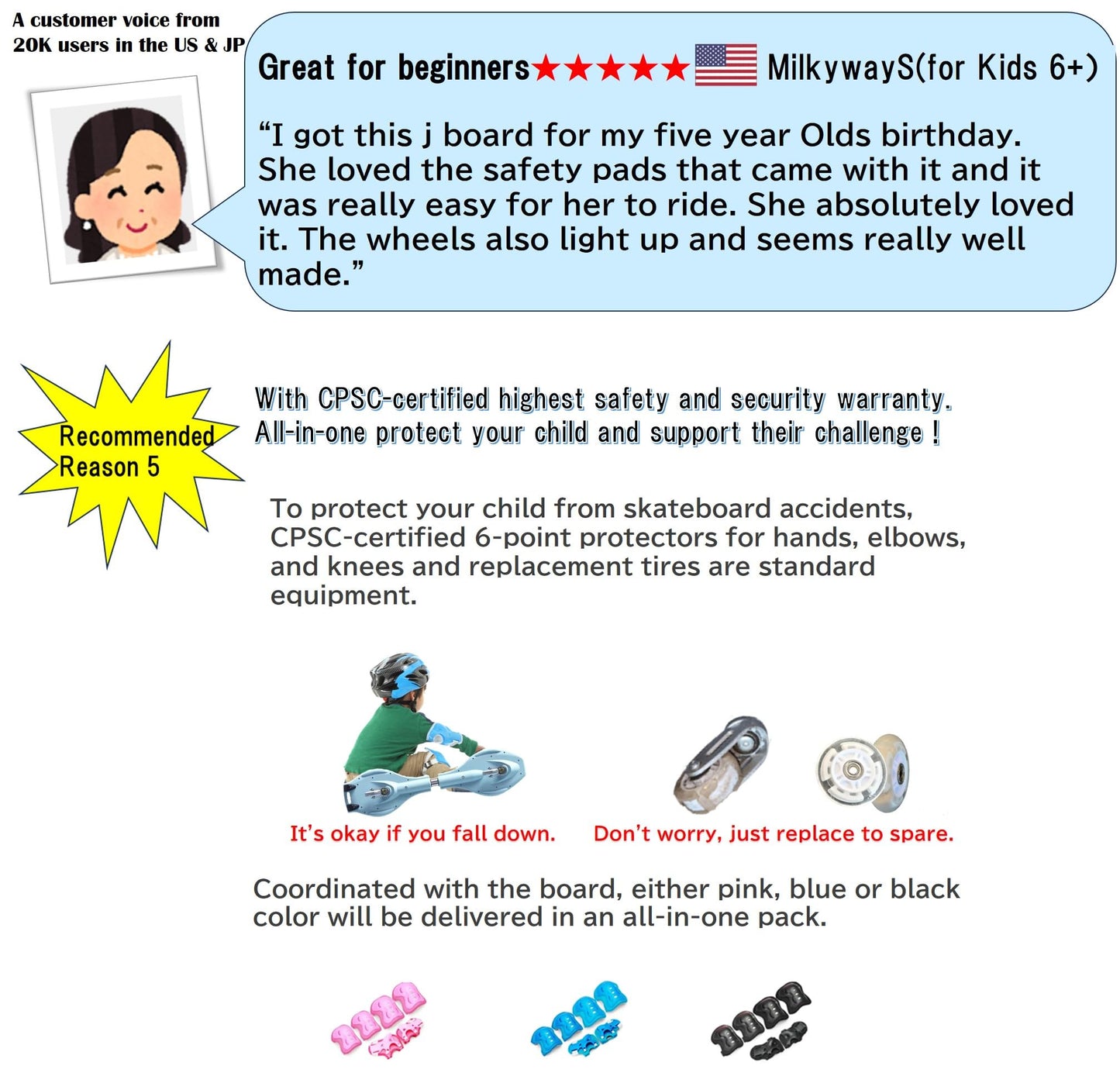 My Jay Board All-in-one Skateboard with Built-in LED Flash Wheels | 2 Wheel Pivoting Lightweight 360-degree Caster Board for Kids, Teens | Knee/Elbow/Hand Pads & Replacement Tire Included