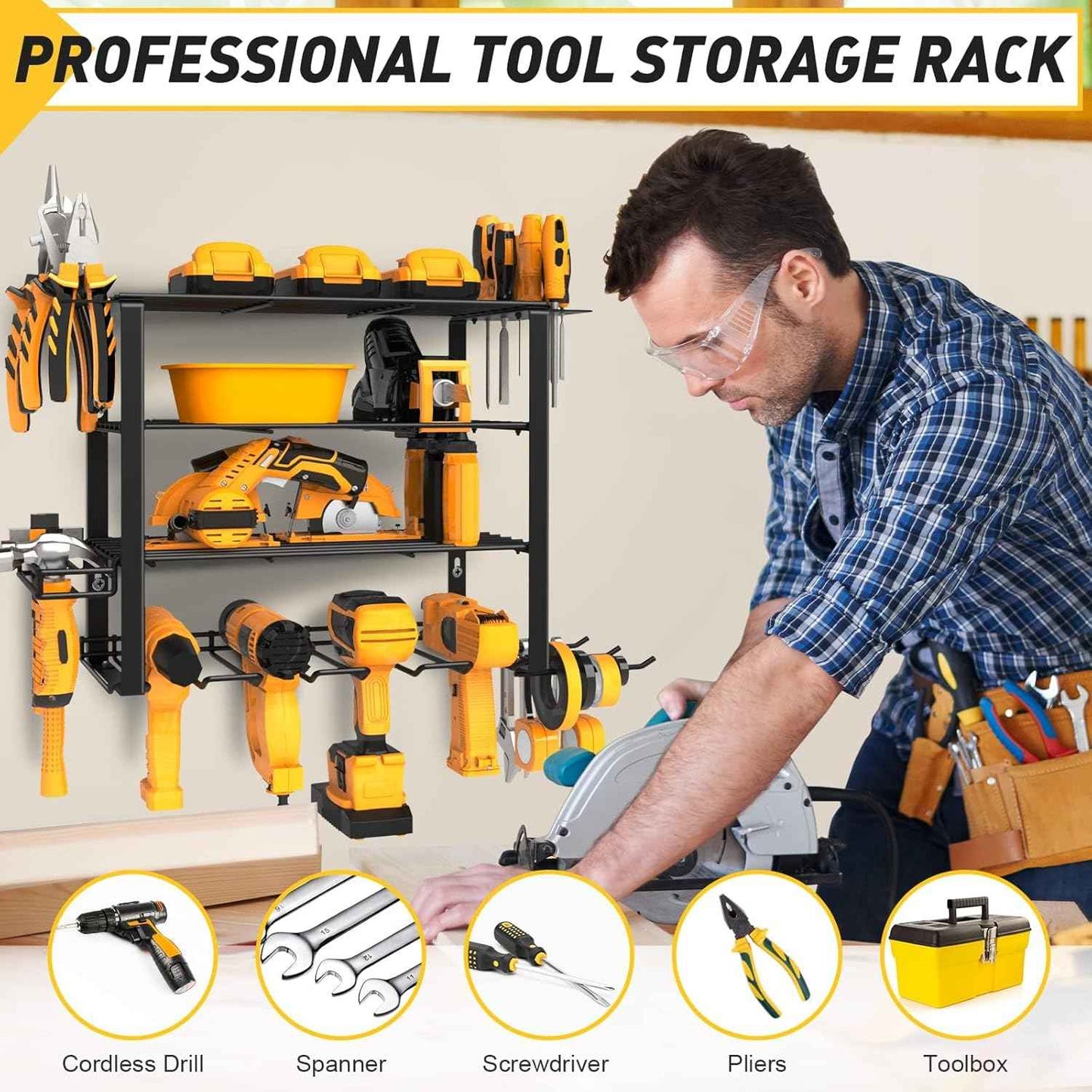 Heavy-Duty Wall-Mount Power Tool Organizer - 3 Extra Large Layers, 300lbs Capacity, 8 Cordless Drill Holders for Garage & Workshop