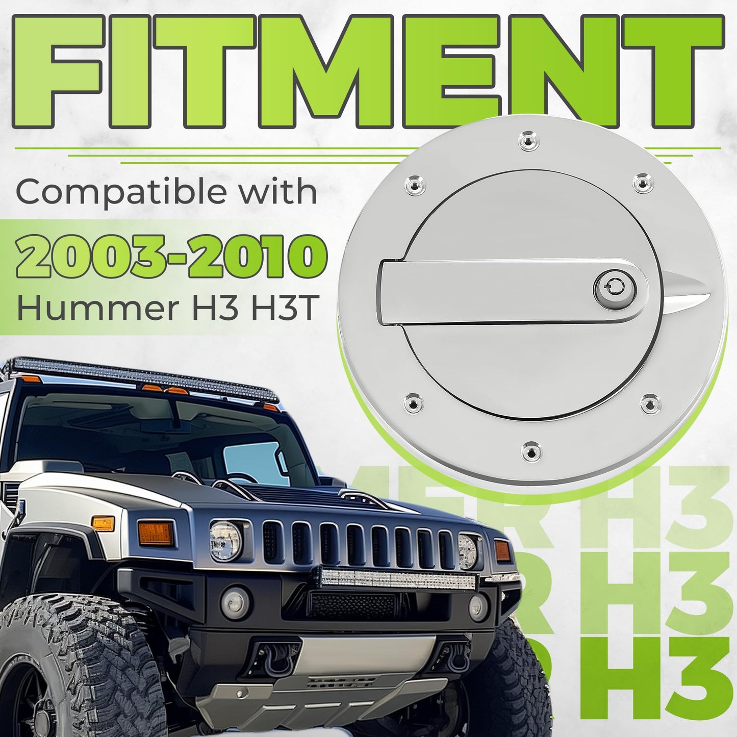 KUAFU Locking Fuel Door Compatible with 2003-2010 Hummer H3 H3T Fuel Filler Tank Door Gas Tank Cap Cover Chrome Silvery Aluminum