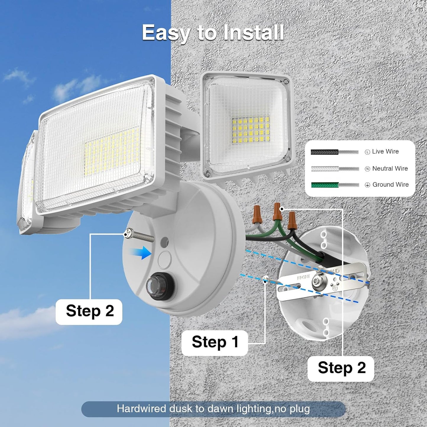 100W Dusk to Dawn LED Outdoor Flood Light - 11000LM Waterproof Security Light with 3 Heads Photocell for Garage & Yard